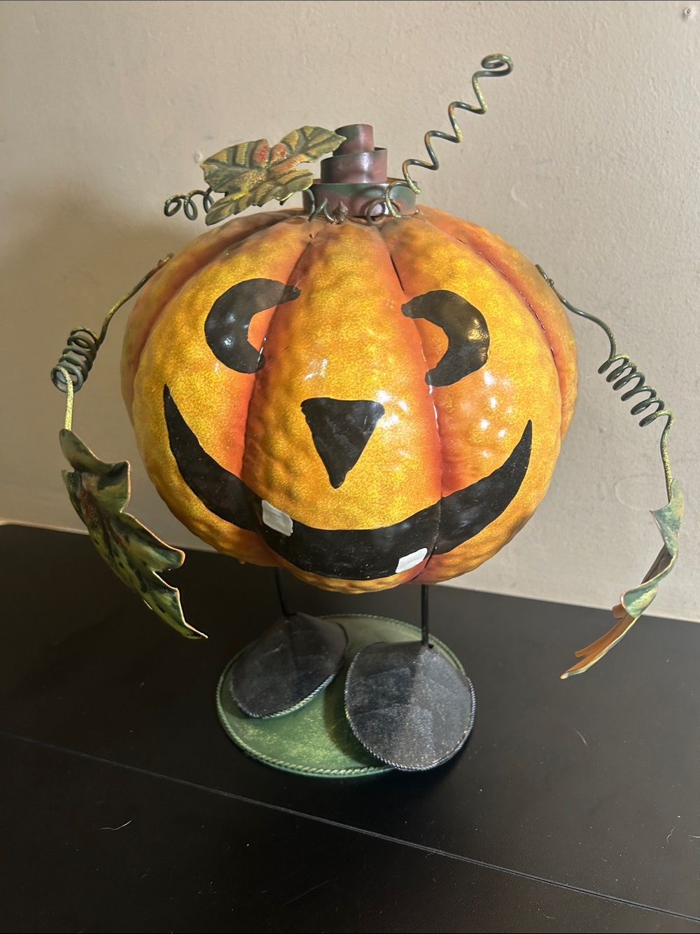 Bouncy Springy Metal Jack O Lantern Leaf Hands  13.5" Tall Vintage